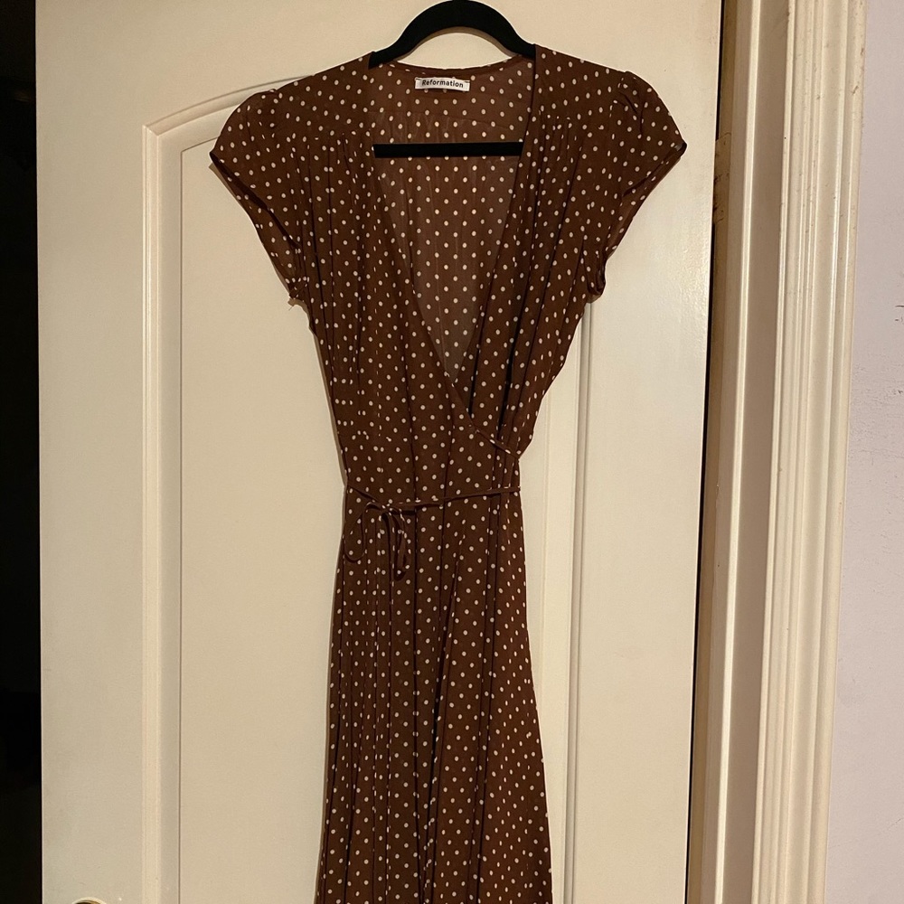 Reformation Carina Dress in brown polka dot